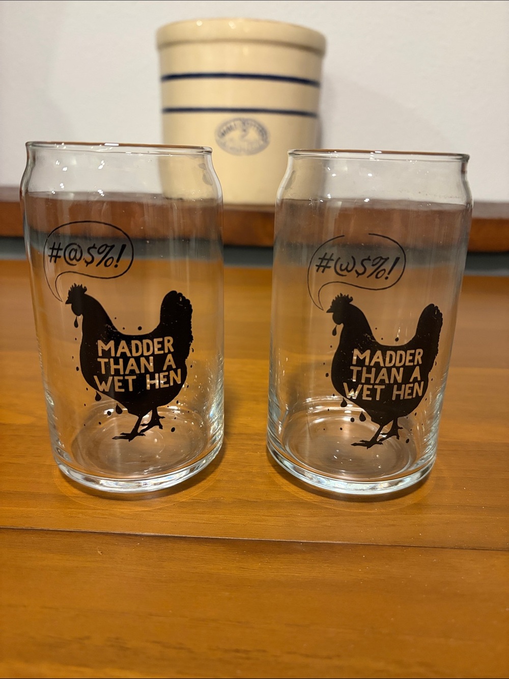 Madder than a wet hen glasses - set of two.